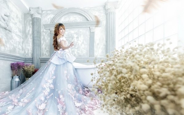 Women Bride Model Wedding Dress White Dress Asian Brunette Smile HD Wallpaper | Background Image