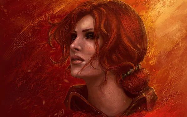 HD desktop wallpaper of Triss Merigold from the video game The Witcher 3: Wild Hunt. The artwork showcases Triss with a vibrant red and orange background.