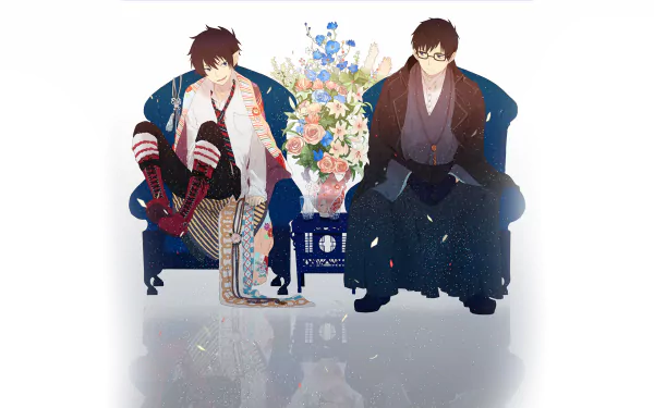 HD anime desktop wallpaper featuring Rin Okumura and Yukio Okumura from Blue Exorcist, seated with a floral arrangement between them.