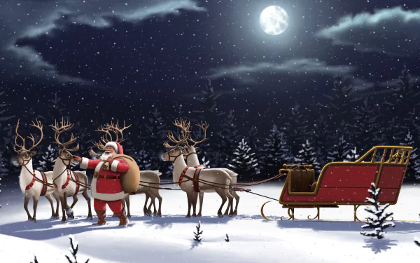 HD desktop wallpaper of Santa Claus with his sleigh and reindeer under a snowy night sky with a full moon, surrounded by a wintery landscape, celebrating the holiday and Christmas season.