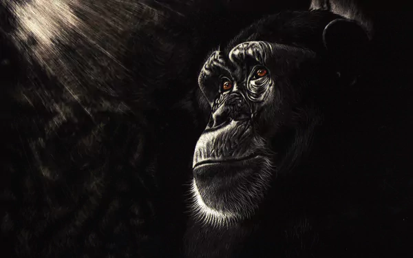 HD PC desktop wallpaper featuring a close-up of a thoughtful chimpanzee primate in dramatic lighting, highlighting its detailed facial features.