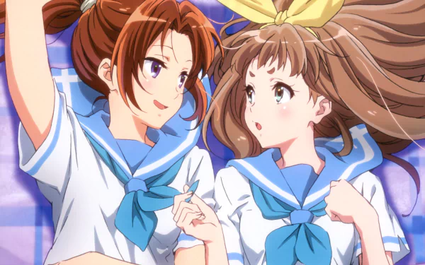 Anime Sound! Euphonium — two high-school girls in blue sailor uniforms smile and reach toward each other over a soft purple backdrop; 4K Ultra HD PC desktop wallpaper.