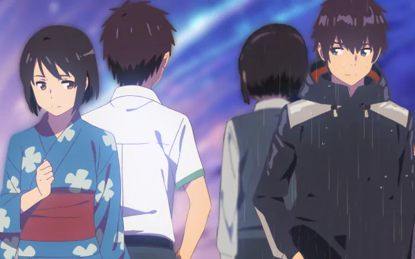 HD desktop wallpaper featuring Taki Tachibana and Mitsuha Miyamizu from the anime Your Name. The characters are depicted in various scenes with a dreamy background.