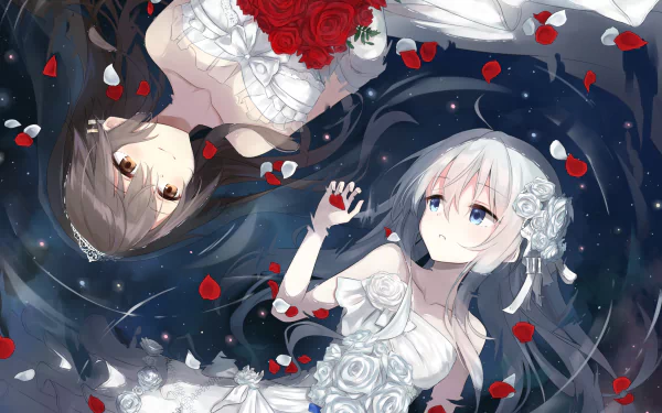Anime-style illustration of two Kantai Collection characters in elegant white dresses surrounded by red rose petals, designed as a 4K Ultra HD PC desktop wallpaper.
