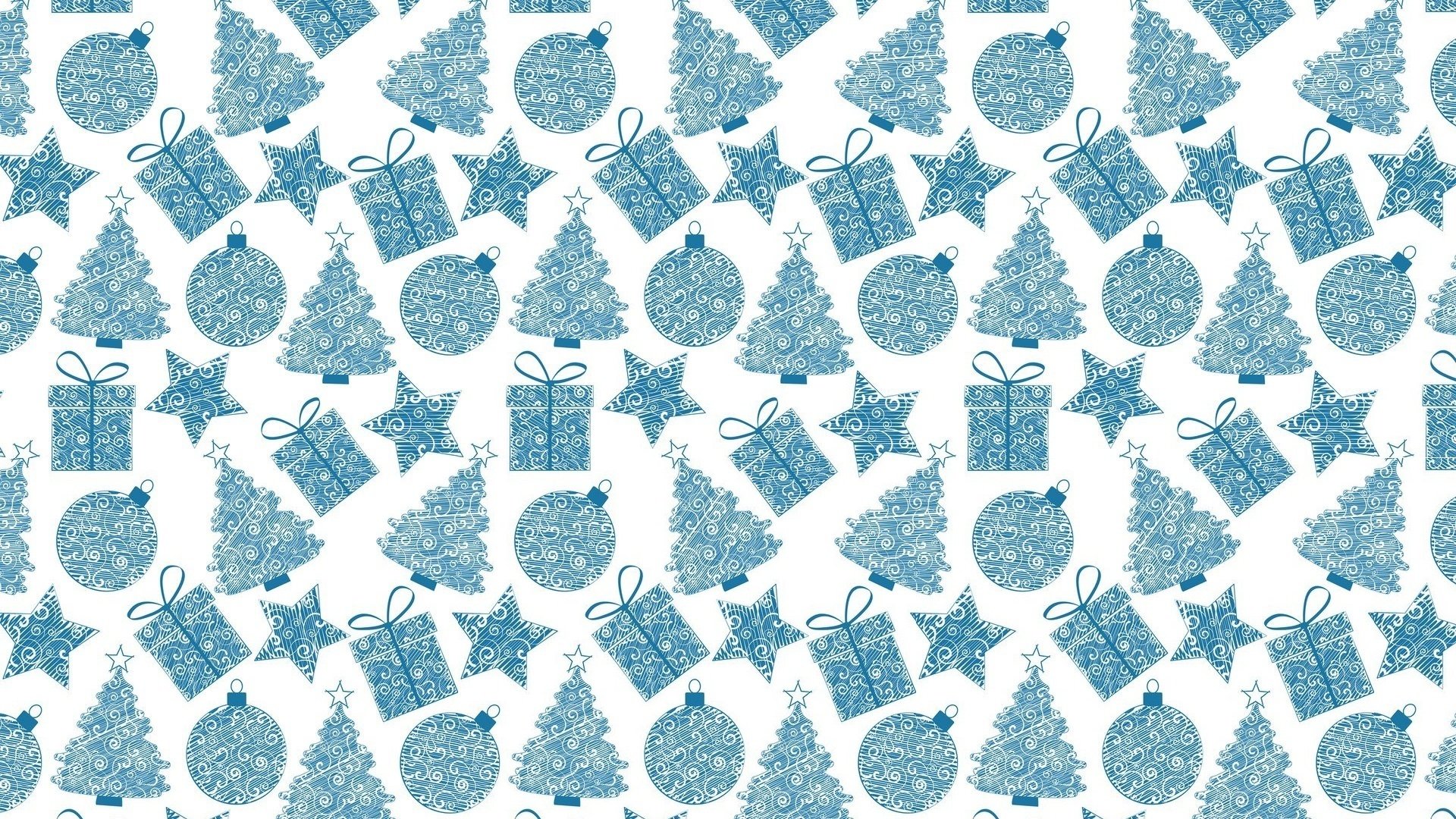 HD PC desktop wallpaper featuring a seamless pattern of blue glittery Christmas ornaments, stars, trees, and gift boxes on a white background for the holiday season.