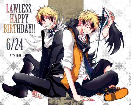 A HD desktop wallpaper featuring Lawless from the anime Servamp, highlighting a birthday celebration on June 24th. The character is shown in dual outfits, one in white suit, the other in casual wear.