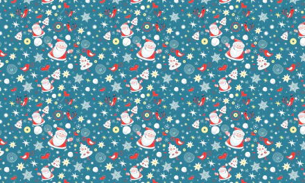 HD desktop wallpaper featuring a festive Christmas pattern with Santa Claus, Christmas trees, stars, snowflakes, and ornaments on a blue background.