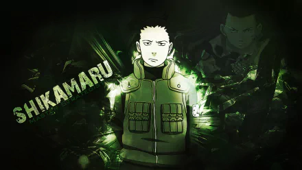 HD desktop wallpaper featuring Shikamaru Nara from the anime Naruto. Shikamaru stands against a dark background with his name highlighted in bold letters on the left side.