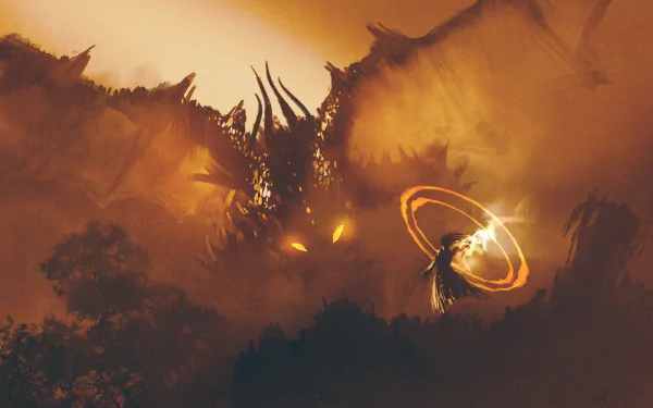 A stunning HD desktop wallpaper featuring a massive dragon with glowing eyes emerging from shadows, facing a figure wielding a magical ring of light amidst a fantasy landscape.
