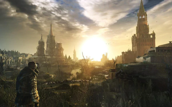 HD desktop wallpaper depicting a post-apocalyptic Moscow with a figure wearing a gas mask, inspired by the Metro 2033 video game.