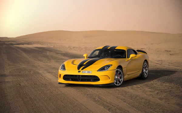 Yellow Dodge Viper GTS supercar sports car vehicle parked on a sandy desert track, HD PC desktop wallpaper background