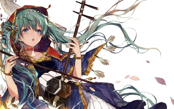 Anime Vocaloid Long Hair Blue Hair Blue Eyes Traditional Costume Instrument Hatsune Miku HD Wallpaper | Background Image