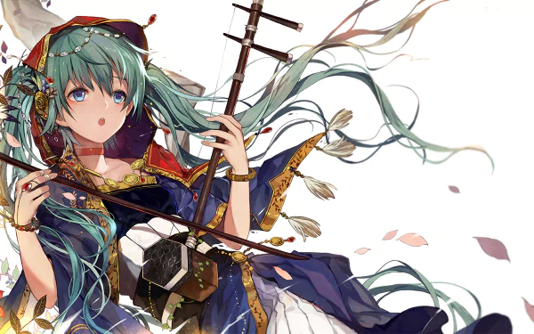 Hatsune Miku in a traditional costume, playing an instrument. Her long blue hair and blue eyes stand out in this detailed anime artwork. This HD desktop wallpaper captures the essence of Vocaloid.