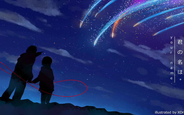 HD desktop wallpaper featuring anime characters Mitsuha Miyamizu and Taki Tachibana from Your Name. They stand under a starry night sky with shooting stars, holding a red thread between them.