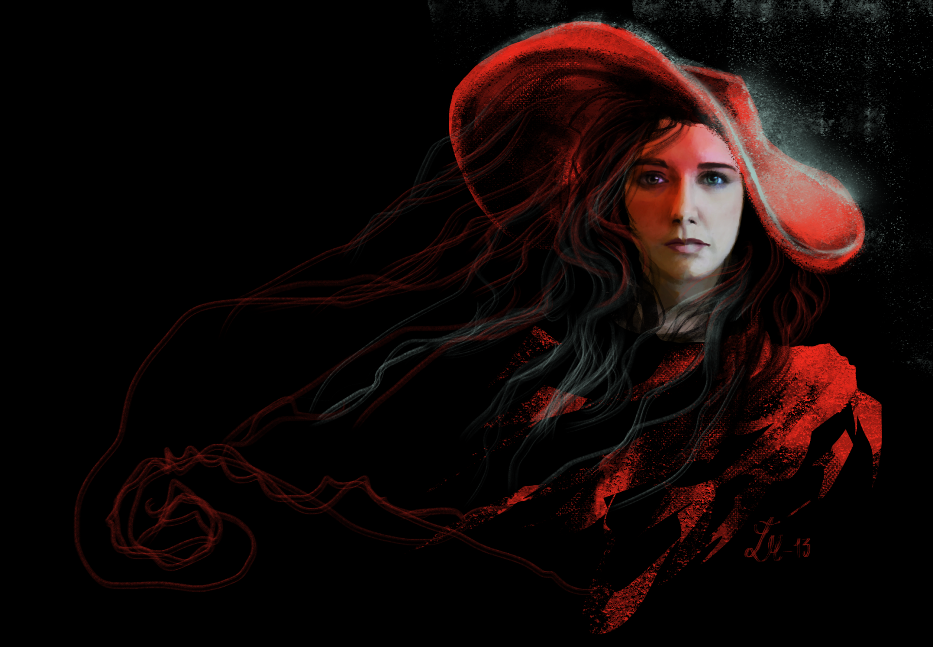 Artistic HD painting of a woman with long hair wearing a large red hat, designed as a striking PC desktop wallpaper and background.