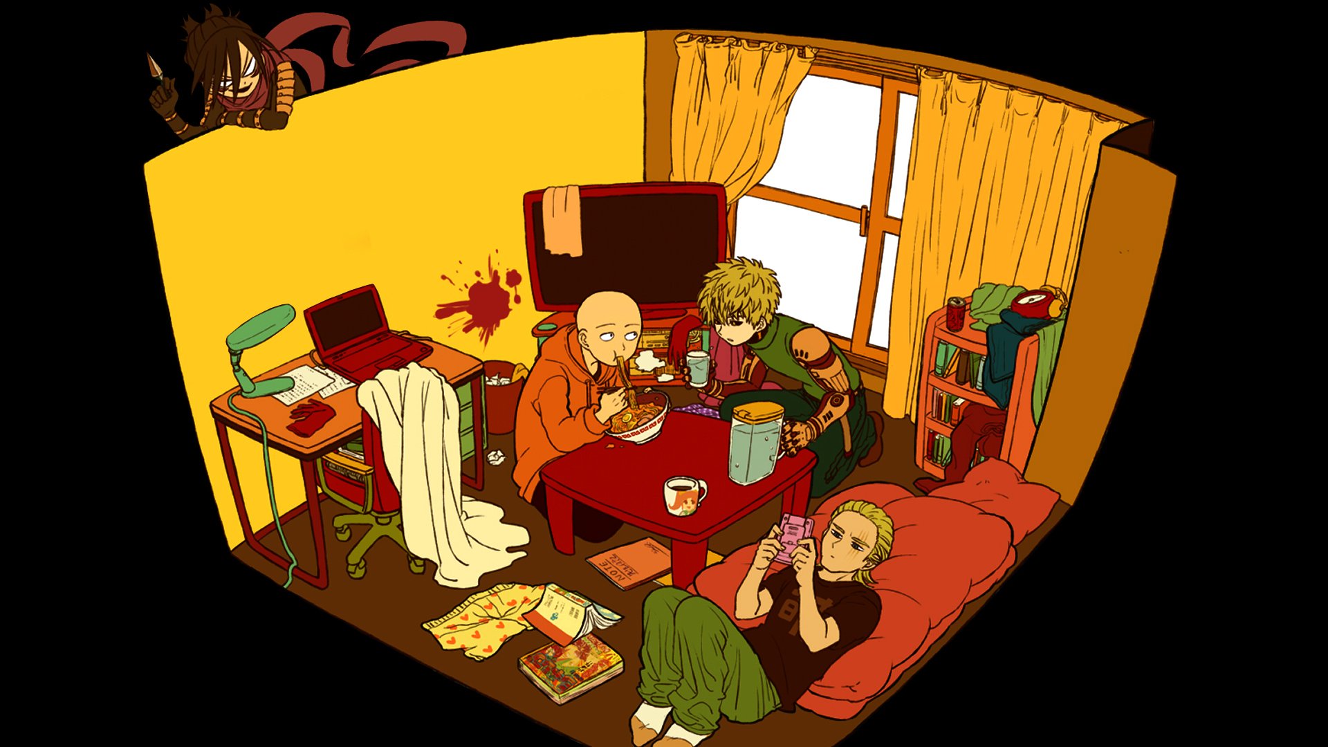 HD anime desktop wallpaper featuring One-Punch Man characters relaxing in a cozy, vividly colored room with dynamic shading and detailed backgrounds.