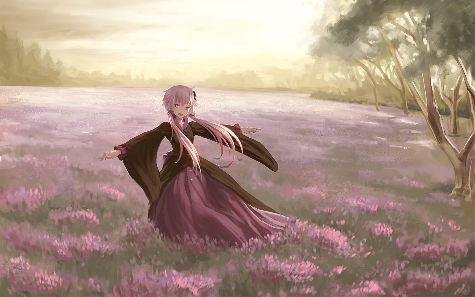 HD anime desktop wallpaper featuring Yuzuki Yukari from Vocaloid, standing gracefully in a vast lavender field under a soft, golden sky.