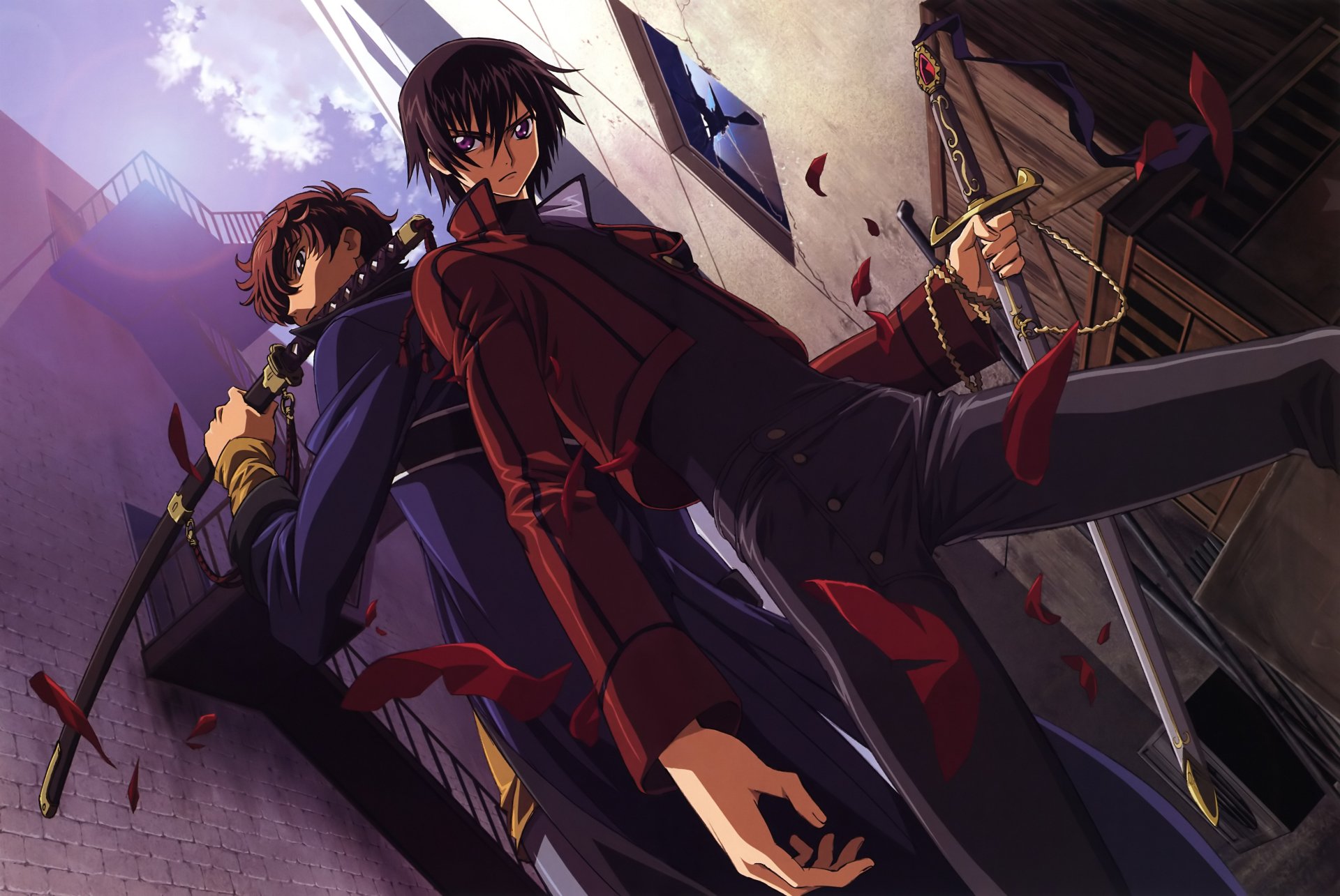 HD desktop wallpaper featuring Suzaku Kururugi and Lelouch Lamperouge from the anime Code Geass, standing back-to-back with swords in an intense, dramatic pose.