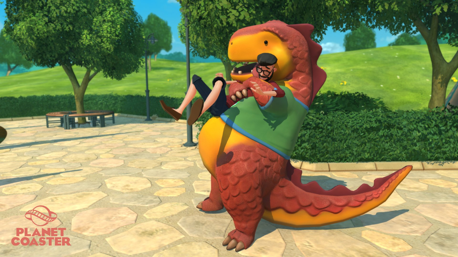 HD desktop wallpaper of Planet Coaster featuring a character in a dinosaur costume entertaining in a vibrant park setting.