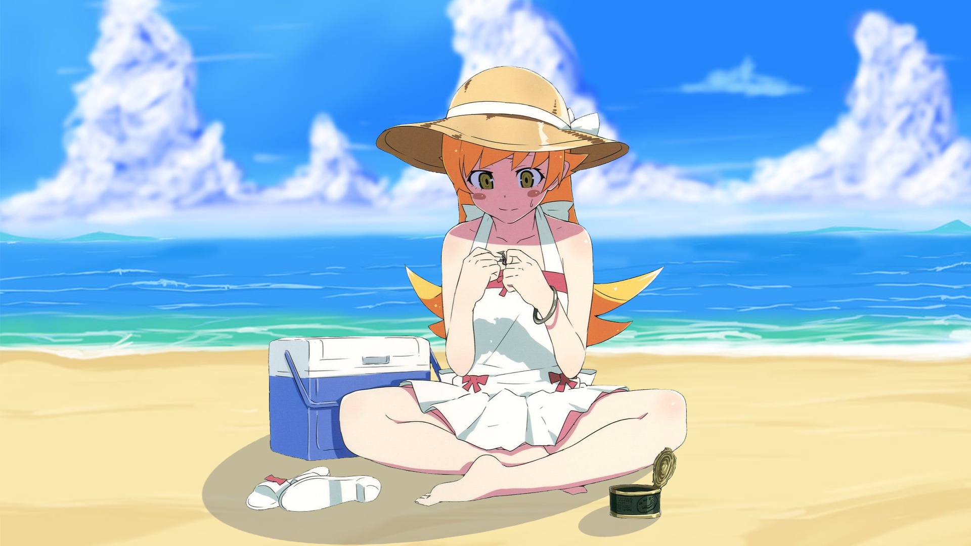 HD anime desktop wallpaper featuring a character from the Monogatari Series sitting on a sunny beach, wearing a white dress and a straw hat with a blue cooler nearby.