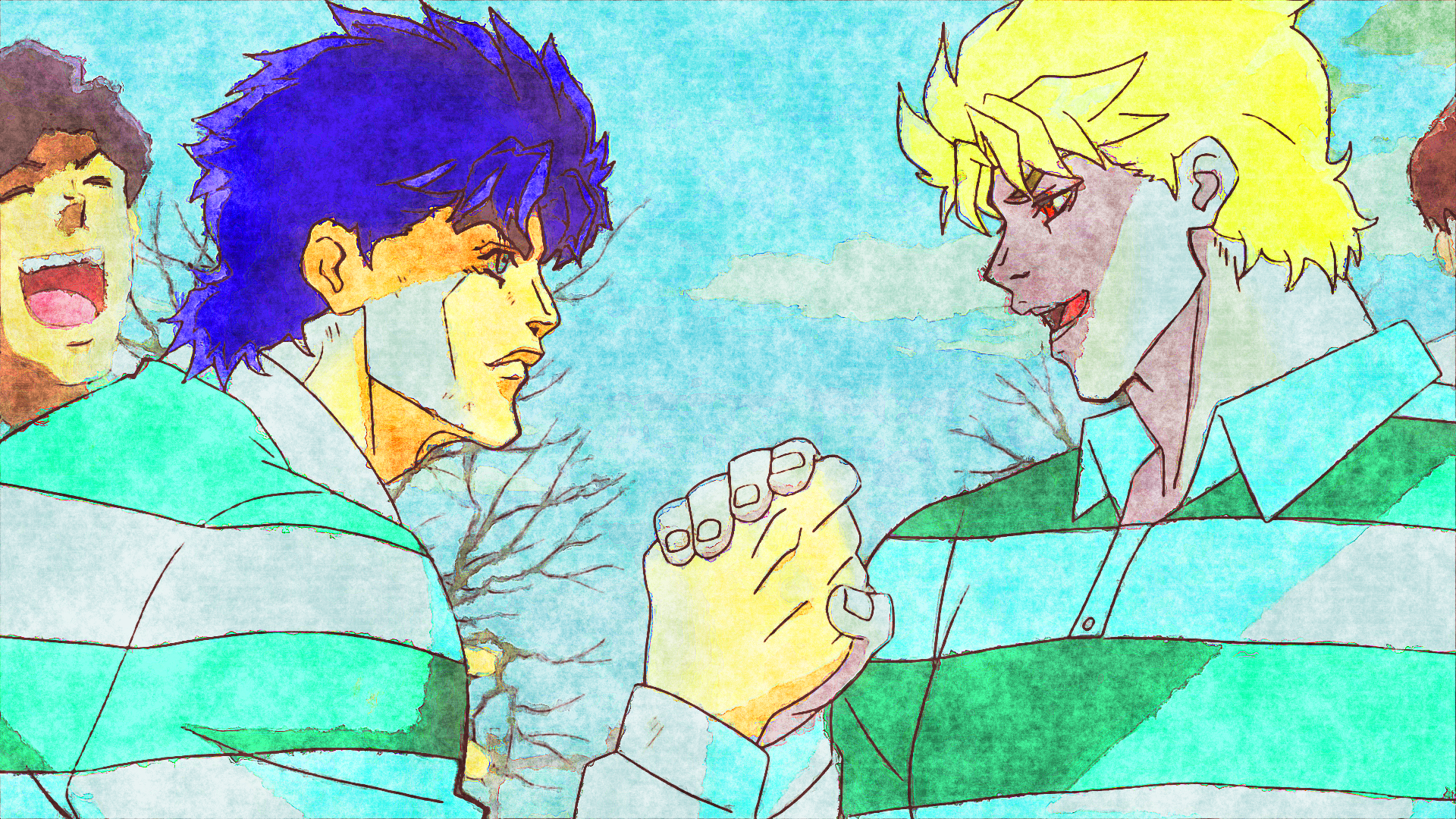 HD PC desktop wallpaper of Dio Brando and Jonathan Joestar from JoJo's Bizarre Adventure, anime-style clasping hands while smiling, wearing green-striped shirts against a bright sky background.