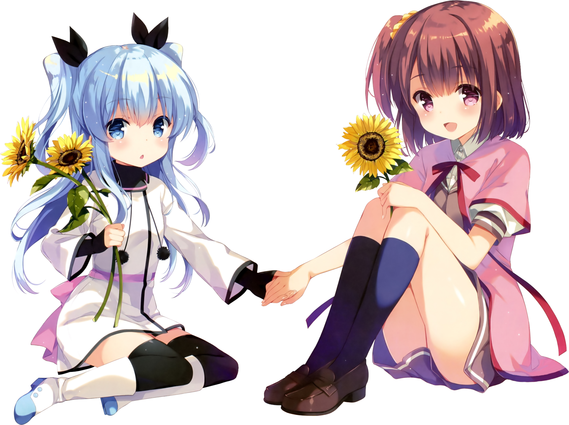 HD PC desktop wallpaper from Celestial Method: two anime girls holding hands and sunflowers, blue-haired and brown-haired in dresses, sitting together against a soft pastel background.