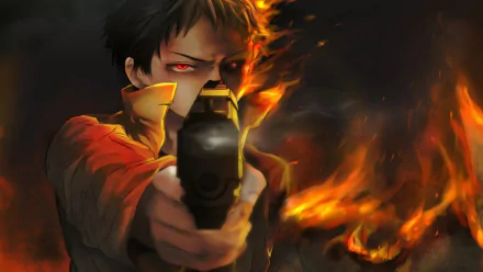 HD anime desktop wallpaper featuring Zombieman from One-Punch Man aiming a gun, surrounded by intense flames and dark shadows.