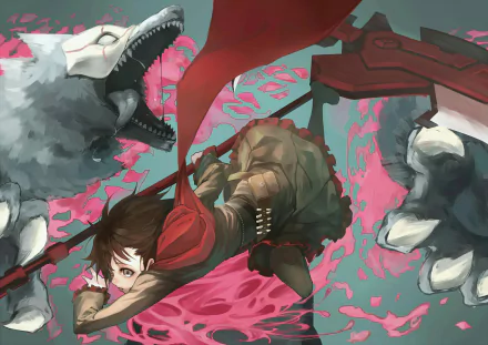 High-definition PC desktop wallpaper featuring Ruby Rose from RWBY in dynamic anime style, surrounded by fierce creatures with a vivid red and pink background.