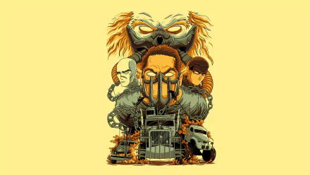 HD PC desktop wallpaper featuring stylized characters and vehicles from the movie Mad Max: Fury Road against a yellow background.