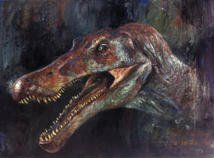 HD desktop wallpaper featuring a detailed, colorful illustration of a Spinosaurus. The animal's elongated snout and sharp teeth are prominently displayed against a dark, artistic background.