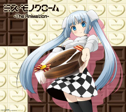 HD PC desktop wallpaper of Ruu-chan (Miss Monochrome), the anime character, offering a ribboned chocolate heart against a backdrop of white and dark chocolate squares.