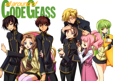Code Geass 4K PC wallpaper of Lelouch Lamperouge, Suzaku Kururugi, Nunnally Lamperouge, C.C., Rolo Lamperouge, Gino Weinberg and Anya Alstreim in school uniforms posed on a white backdrop.