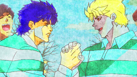 HD PC desktop wallpaper of Dio Brando and Jonathan Joestar from JoJo's Bizarre Adventure, anime-style clasping hands while smiling, wearing green-striped shirts against a bright sky background.