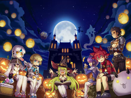 HD PC desktop wallpaper featuring Elsword video game characters in a Halloween-themed scene with glowing pumpkins, lanterns, and a full moon behind a haunted house.
