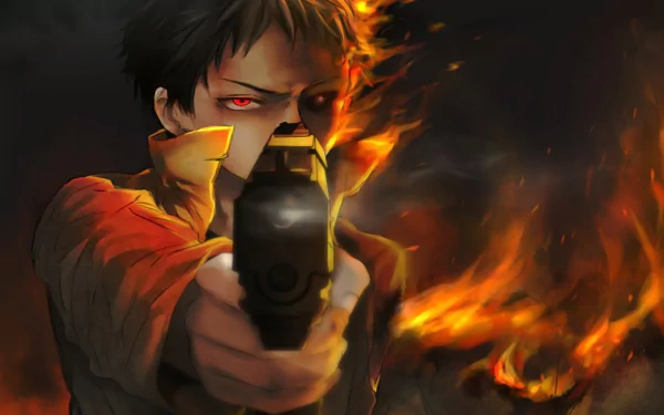 HD anime desktop wallpaper featuring Zombieman from One-Punch Man aiming a gun, surrounded by intense flames and dark shadows.