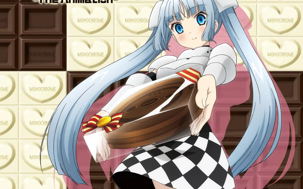 HD PC desktop wallpaper of Ruu-chan (Miss Monochrome), the anime character, offering a ribboned chocolate heart against a backdrop of white and dark chocolate squares.