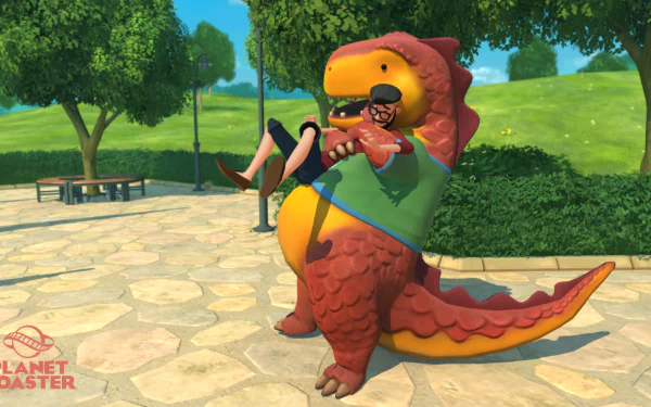 HD desktop wallpaper of Planet Coaster featuring a character in a dinosaur costume entertaining in a vibrant park setting.