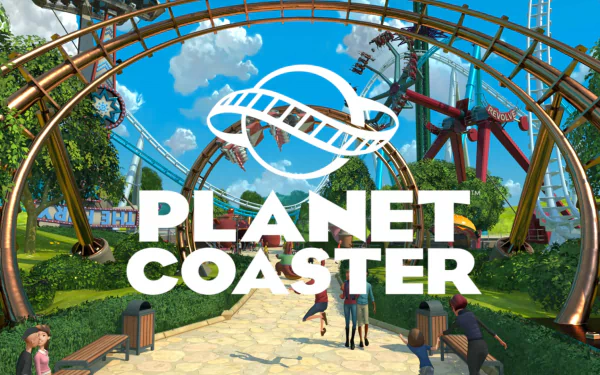 HD desktop wallpaper featuring Planet Coaster game with a roller coaster loop and park visitors.