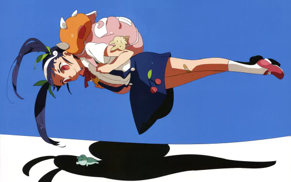 4K Ultra HD anime wallpaper featuring a character from the Monogatari series carrying a pig under a clear blue sky, with a bold shadow cast below.