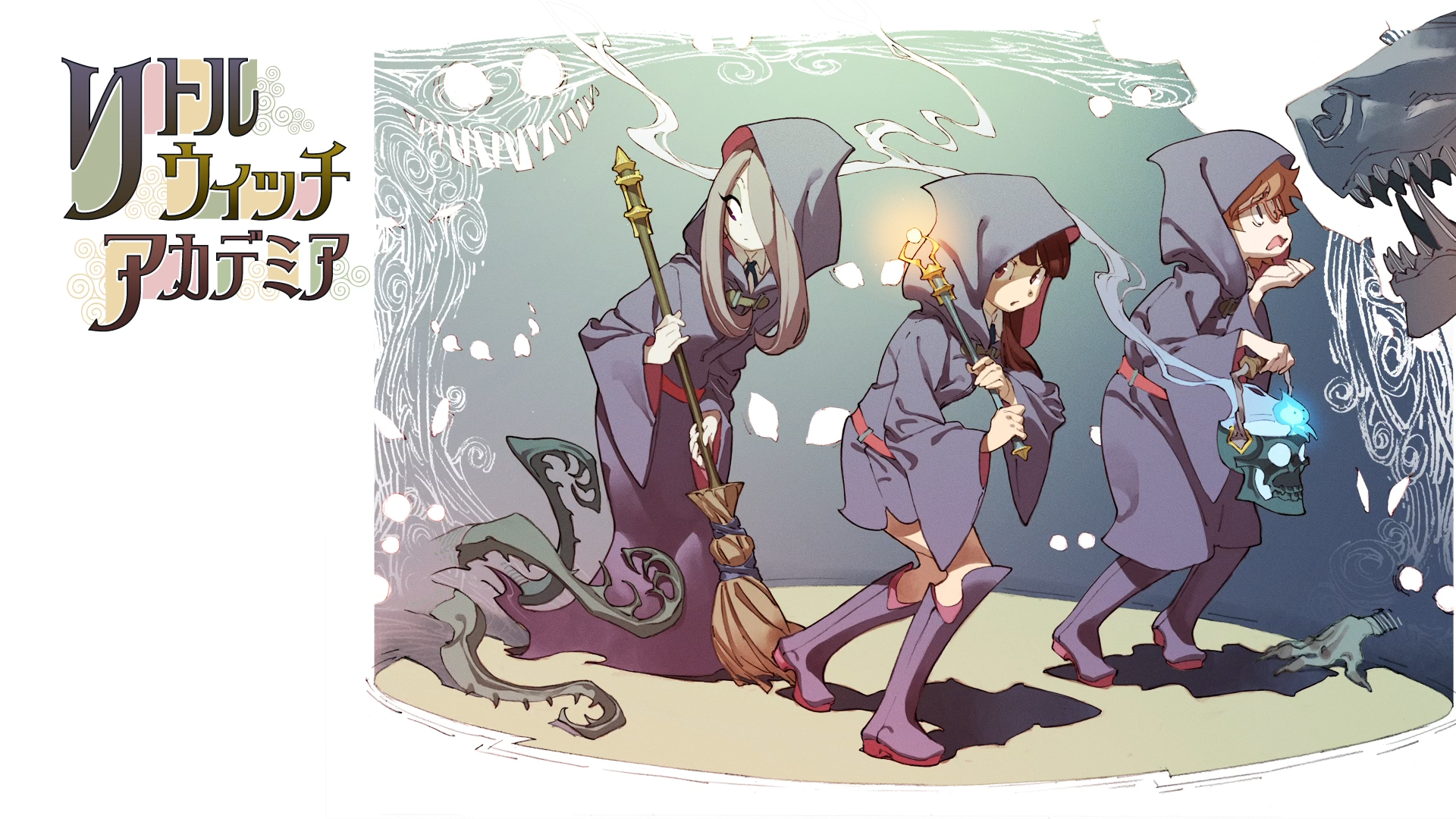 Anime-inspired HD desktop wallpaper featuring Lotte Yanson, Sucy Manbavaran, and Atsuko Kagari from Little Witch Academia. The three characters are in witch outfits, exploring with a whimsical backdrop.