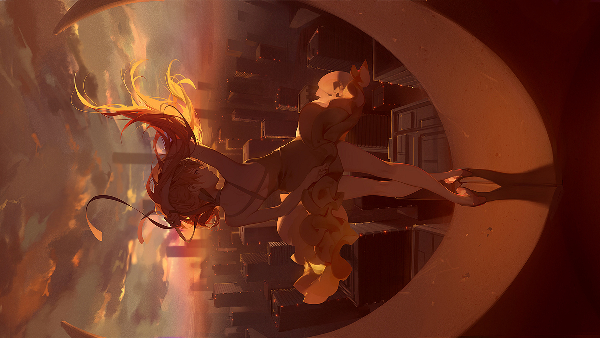 HD desktop wallpaper featuring Asuka Langley Sohryu from Neon Genesis Evangelion, set against a sunset cityscape background.