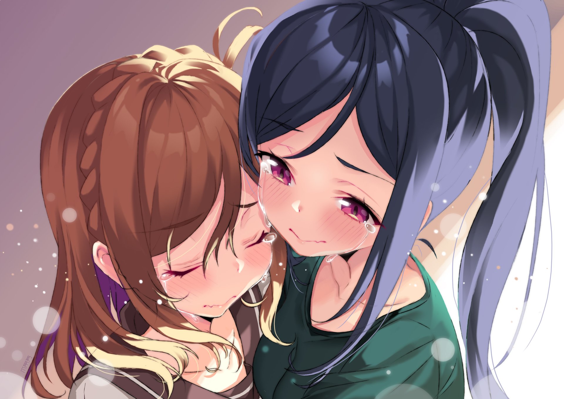 Close-up of Kanan Matsuura and Hanamaru Kunikida from Love Live! Sunshine!!, blushing and leaning together in a soft, romantic 2K Quad HD anime PC desktop wallpaper.