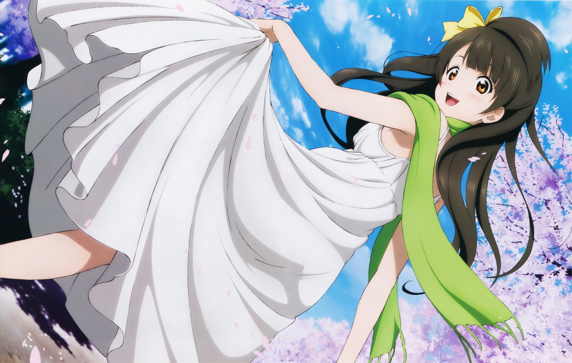 Love Live! anime girl in a flowing white dress and green scarf, yellow bow in her hair, smiling under cherry blossoms and a blue sky — 8K Ultra HD PC desktop wallpaper/background