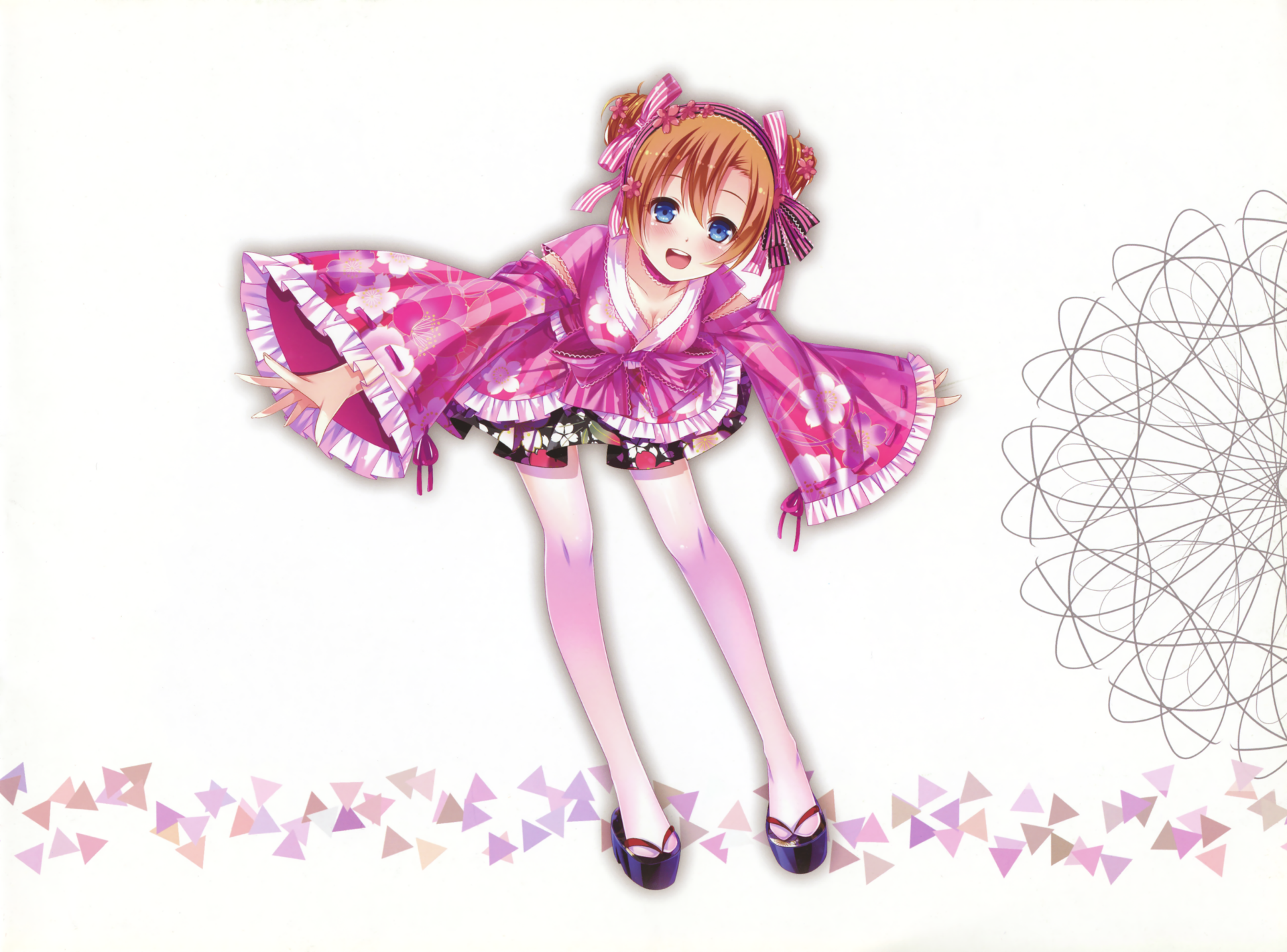 HD PC desktop wallpaper of Honoka Kousaka from the anime Love Live!, featuring her in a pink outfit with a playful pose on a minimalist white background.