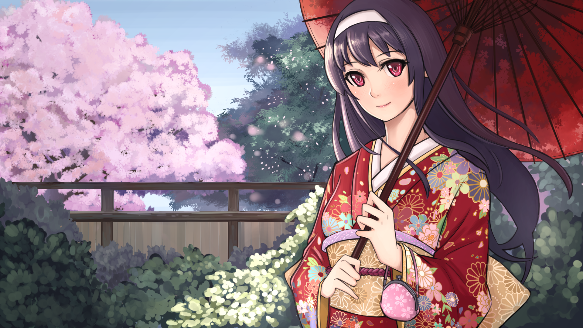 HD PC desktop wallpaper featuring an anime character from Saekano: How to Raise a Boring Girlfriend, dressed in a traditional kimono with cherry blossoms in the background.