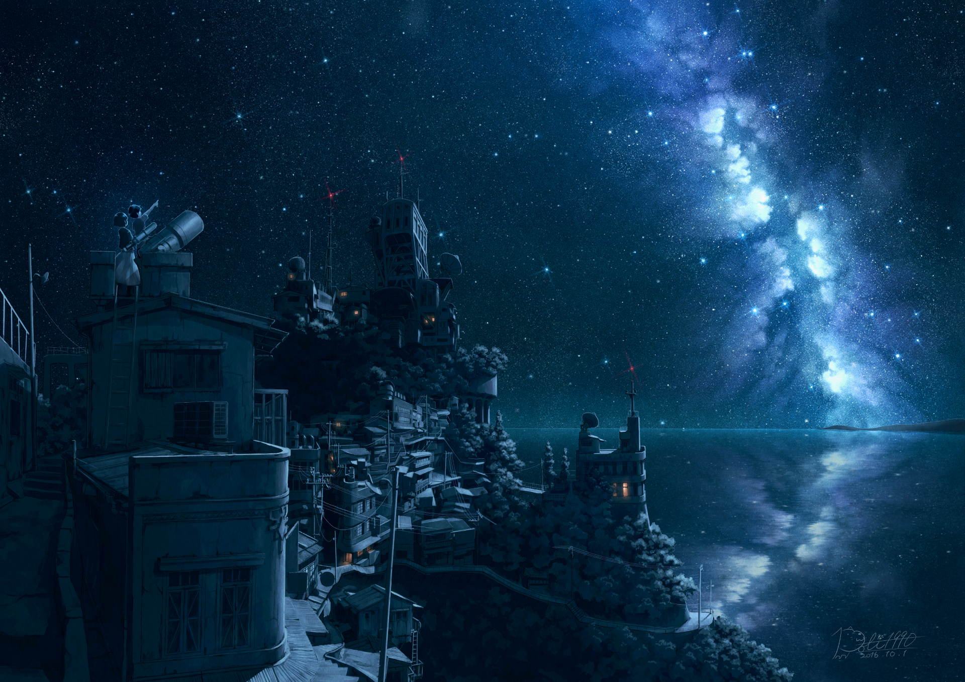 Anime-style HD wallpaper featuring a serene night scene with a detailed townscape under a starry sky, including a view of the Milky Way.