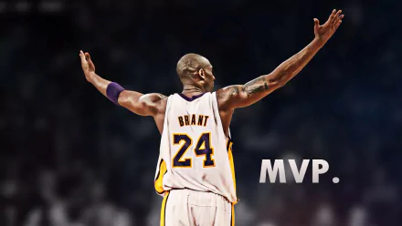 Kobe Bryant with arms outstretched in a Lakers jersey, HD desktop wallpaper background with MVP. text.