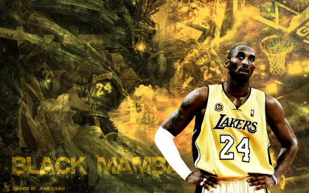 HD desktop wallpaper featuring Kobe Bryant in a Los Angeles Lakers jersey, with the text Black Mamba and artistic background elements.