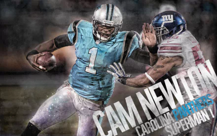 HD desktop wallpaper featuring Cam Newton in action on the football field with a stylized background and text overlay.