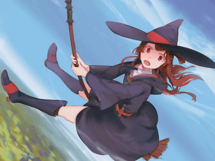 Atsuko Kagari from Little Witch Academia in vibrant anime style, soaring on a broomstick against a bright blue sky, featured in an HD PC desktop wallpaper.